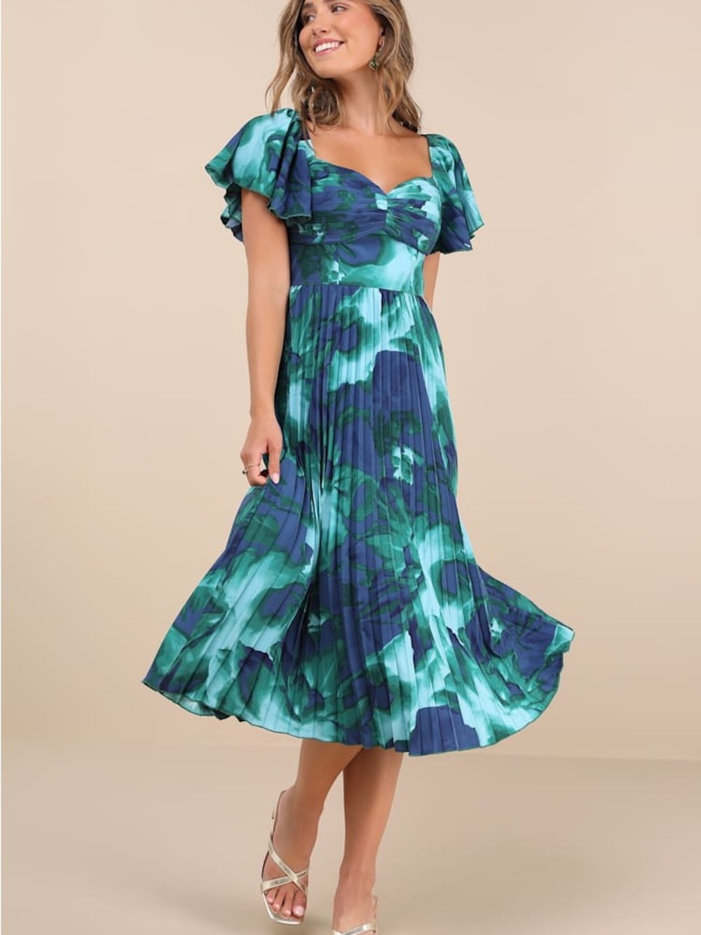 Authentically Yours Teal Multi Abstract Print Satin Midi Dress by LULU’S XXL